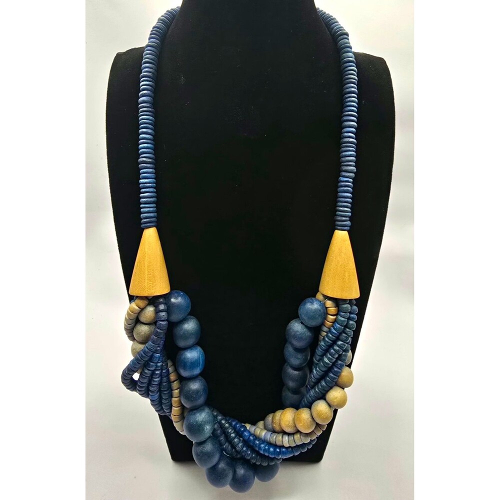 Vintage Boho Multi-Strand Blue Beige Wooden Bead Statement Necklace Chunky 22"